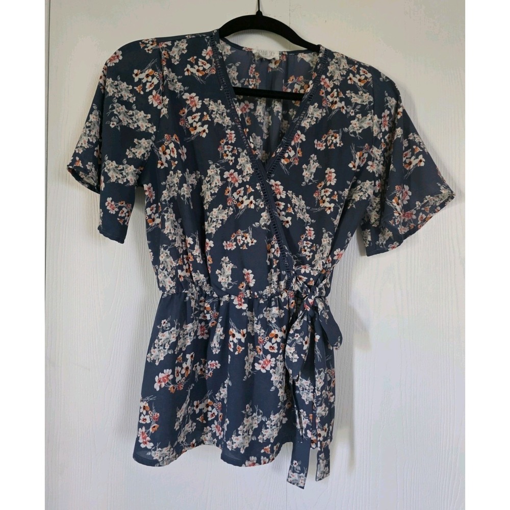 Sienna Sky Floral Wrap Peplum Blouse Blue V-Neck Short Sleeve Top Small - Picture 12 of 12